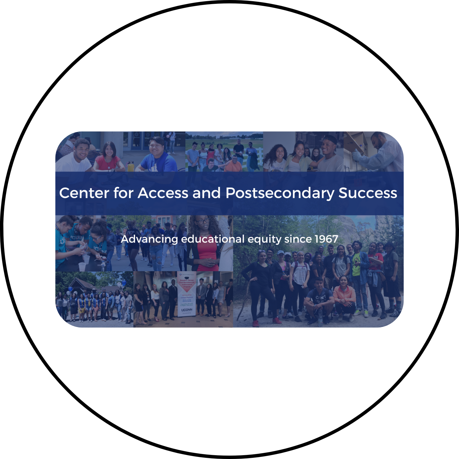 Logo for Center for Access and Postsecondary Success (CAPS) in a circle. Students in background